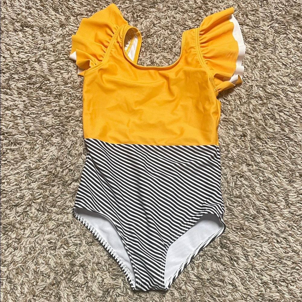 Marie Nicole Kids Ruffle Shoulder One-Piece Swimsuit with Black & White Stripes